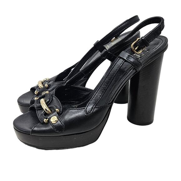 Burberry 8 Black Leather Platform Sandal Heel Slingback Horsebit Chunky Goth - Picture 1 of 6
